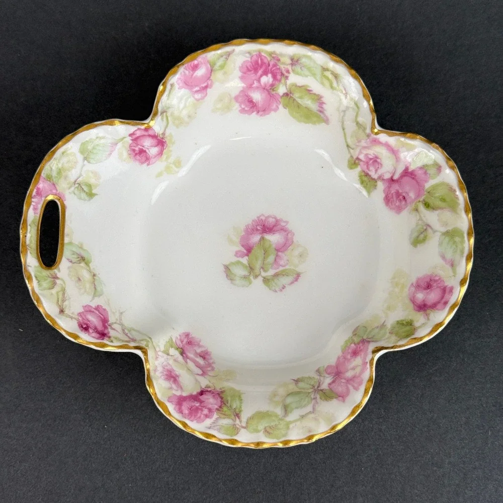 Haviland France Porcelain Floral Dish Pink Rose Scalloped Gold Rim Handle